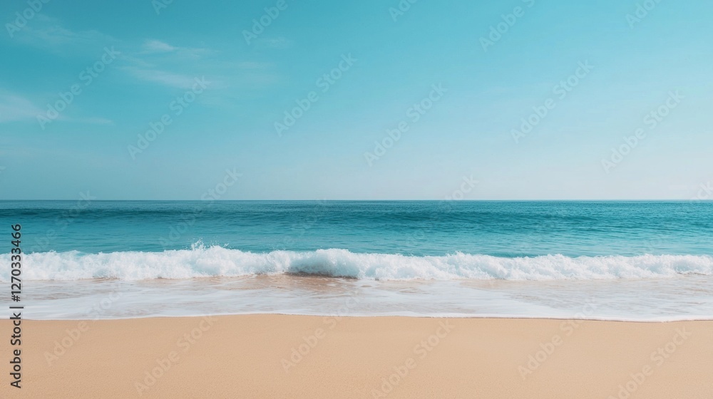 Serene beach with gentle waves and clear blue sky Serene beach with gentle waves and clear blue sky