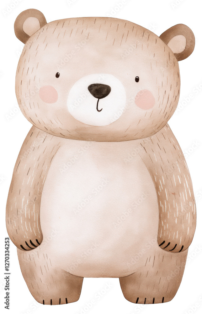 Fototapeta premium Watercolor illustration of a cute cartoon bear featuring soft colors and a friendly expression isolated on transparent background.