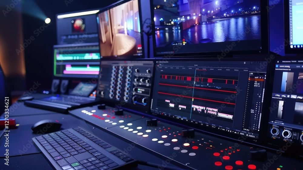 Professional Video Editing Suite with Advanced Monitors and Equipment Professional Video Editing Suite with Advanced Monitors and Equipment