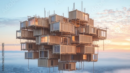 Unique modular structure made of shipping containers at sunrise above a city skyline