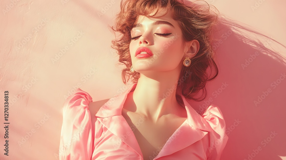 Realistic Retro Portrait of a Young Woman in Soft Pink Setting Realistic Retro Portrait of a Young Woman in Soft Pink Setting