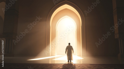 Man Walking Toward Bright Light in Architectural Interior Setting