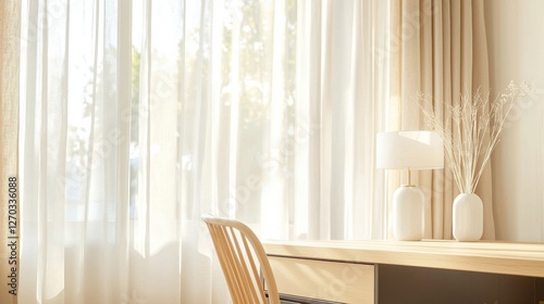 An Elegant Corporate Office Space Featuring a Stylish Desk, Functional Lamp, and Chic Curtain-Covered Window