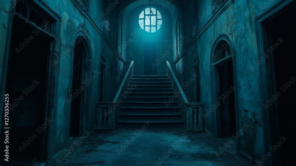 Obraz premium Echoes of the Past: An aged building with a long staircase that beckons one deeper inside, shrouded in a haunting blue light, casting shadows that dance along aged walls.