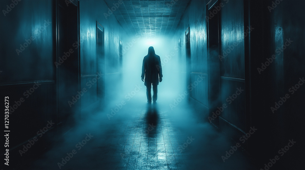 Mysterious Passage: A lone figure shrouded in shadows walks down a long, dimly lit corridor, emitting an aura of mystery, creating suspenseful and eerie atmosphere. Mysterious Passage: A lone figure shrouded in shadows walks down a long, dimly lit corridor, emitting an aura of mystery, creating suspenseful and eerie atmosphere.