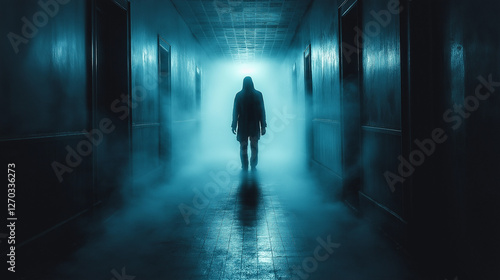 Wallpaper Mural Mysterious Passage: A lone figure shrouded in shadows walks down a long, dimly lit corridor, emitting an aura of mystery, creating suspenseful and eerie atmosphere. Torontodigital.ca