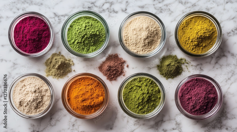 A variety of superfood powders including matcha, beetroot, and maca in small glass bowls. A variety of superfood powders including matcha, beetroot, and maca in small glass bowls.
