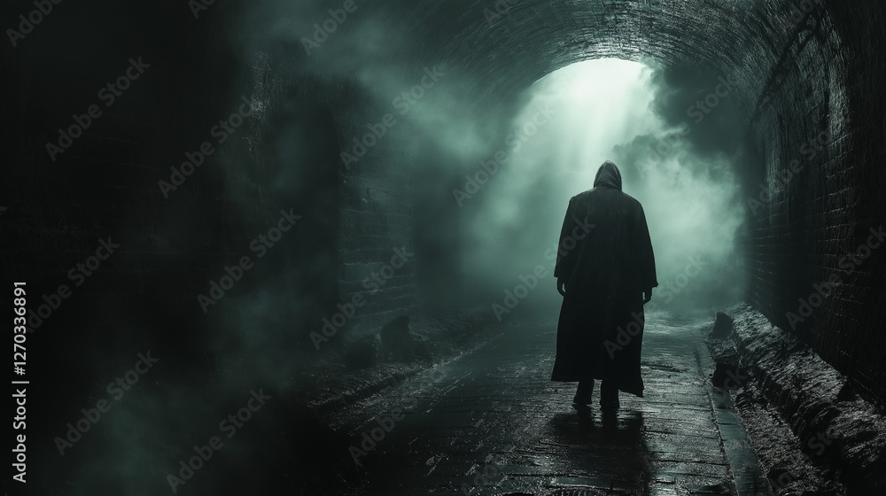 Journey into the Unknown: A solitary figure walks through a dark tunnel towards a distant, hopeful light, shrouded in an aura of mystery and foreboding. Journey into the Unknown: A solitary figure walks through a dark tunnel towards a distant, hopeful light, shrouded in an aura of mystery and foreboding.