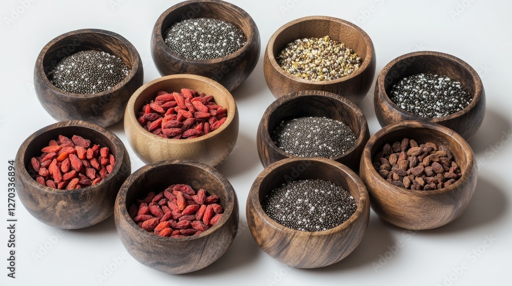 A variety of superfoods including chia seeds, goji berries, and spirulina arranged in small wooden bowls. A variety of superfoods including chia seeds, goji berries, and spirulina arranged in small wooden bowls.