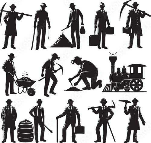 Silhouettes of miners, businessmen, and a train.