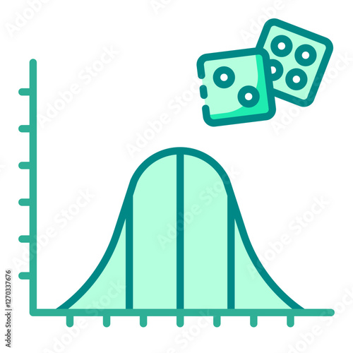 Probability distribution green filled line icon with dice and data table representing statistical probabilities