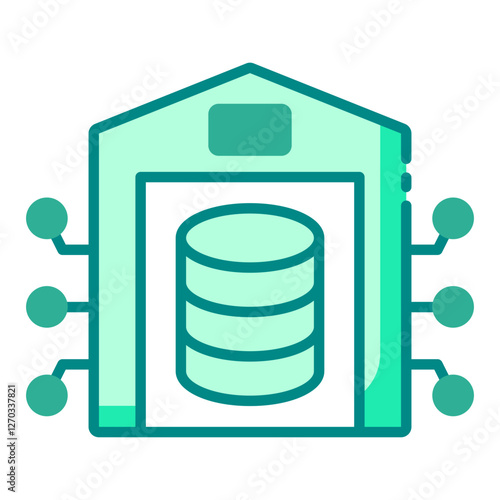 Data warehouse server green filled line icon representing data storage and organization