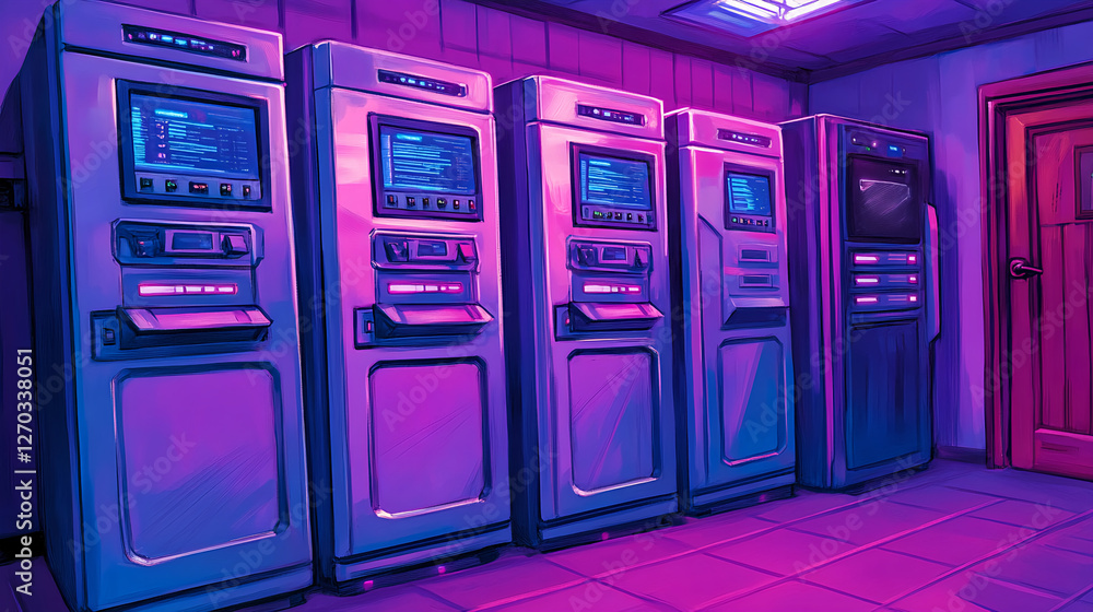 Atm machines in a neon-lit room urban setting digital artwork technology interior view futuristic concept Atm machines in a neon-lit room urban setting digital artwork technology interior view futuristic concept