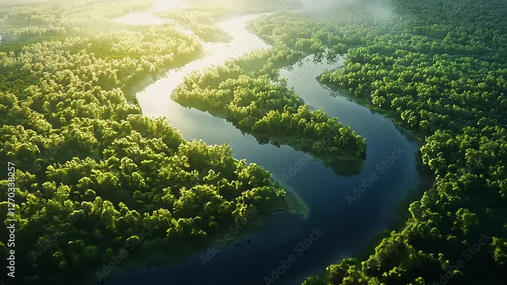 Aerial view of a winding river flowing through a lush green forest at sunrise, serene landscape Aerial view of a winding river flowing through a lush green forest at sunrise, serene landscape