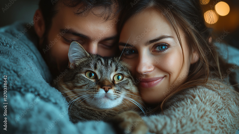 Cozy Couple with Cat: A heartwarming image of a couple wrapped in a soft blanket, their faces close as they embrace, cuddling a cute tabby cat that looks directly at the viewer. Cozy Couple with Cat: A heartwarming image of a couple wrapped in a soft blanket, their faces close as they embrace, cuddling a cute tabby cat that looks directly at the viewer.