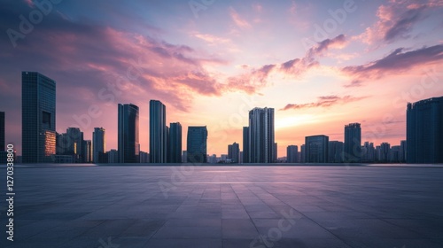 Fototapeta Naklejka Na Ścianę i Meble -  A vast car plaza with modern skyscrapers under a radiant sunset sky. Featuring elegance and sophistication