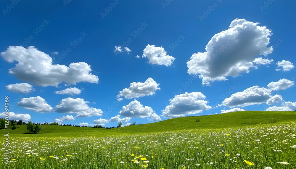 Fototapeta premium Idyllic summer meadow landscape with fluffy white clouds and vibrant wildflowers under a brilliant blue sky. Perfect for nature, travel, and serenity themes.