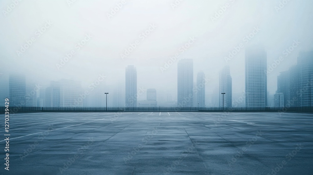 A vast car plaza with skyscrapers fading into a misty horizon. Featuring mystery and urban depth A vast car plaza with skyscrapers fading into a misty horizon. Featuring mystery and urban depth