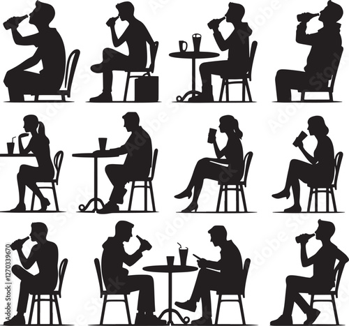 Silhouettes of people drinking and sitting.