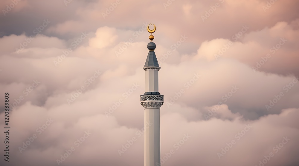 Mosque Minaret Against a Cloudy Sky with Crescent Moon Topper Mosque Minaret Against a Cloudy Sky with Crescent Moon Topper