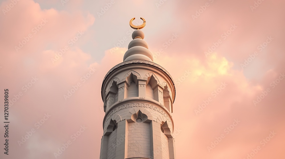 Mosque Minaret Against Pastel Sky with Crescent Moon Symbol at Dusk Mosque Minaret Against Pastel Sky with Crescent Moon Symbol at Dusk