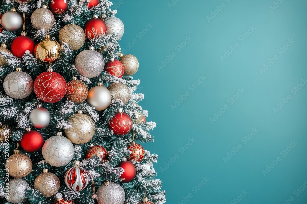 Snow-dusted Christmas tree adorned with red and gold ornaments against a teal background. Perfect for holiday cards, festive websites, or winter-themed designs. Snow-dusted Christmas tree adorned with red and gold ornaments against a teal background. Perfect for holiday cards, festive websites, or winter-themed designs.