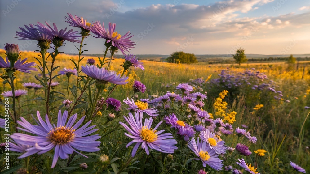 Obraz premium Sunset Meadow Flowers: Vibrant purple asters dominate the foreground, their delicate petals catching the golden light of the setting sun in a picturesque wildflower meadow.