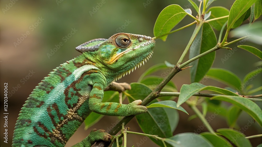Obraz premium Panther Chameleon on Branch: A vibrant panther chameleon, showcasing its striking green, yellow, and brown markings, clings to a branch amidst lush green foliage.