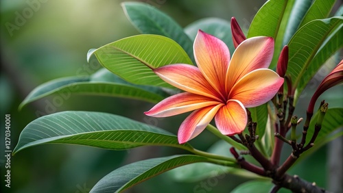Wallpaper Mural Plumeria Flower Bloom: A close-up shot of a vibrant Plumeria flower, showcasing its delicate petals in shades of pink and orange, contrasted against lush green foliage. Torontodigital.ca