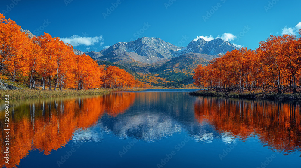 Golden Autumn Reflection: A stunning landscape captures the vibrant colors of autumn, with fiery orange trees lining a serene lake, mirroring the majestic mountains under a clear blue sky. Golden Autumn Reflection: A stunning landscape captures the vibrant colors of autumn, with fiery orange trees lining a serene lake, mirroring the majestic mountains under a clear blue sky.