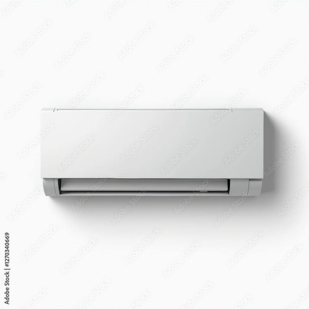 A sleek white air conditioner unit mounted on a wall, with clean and sharp lines, emphasizing modern design, isolated on a white background. A sleek white air conditioner unit mounted on a wall, with clean and sharp lines, emphasizing modern design, isolated on a white background.