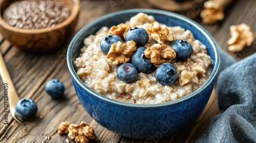 Bowl of oatmeal with flaxseeds, walnuts, and blueberries, heart-healthy breakfast