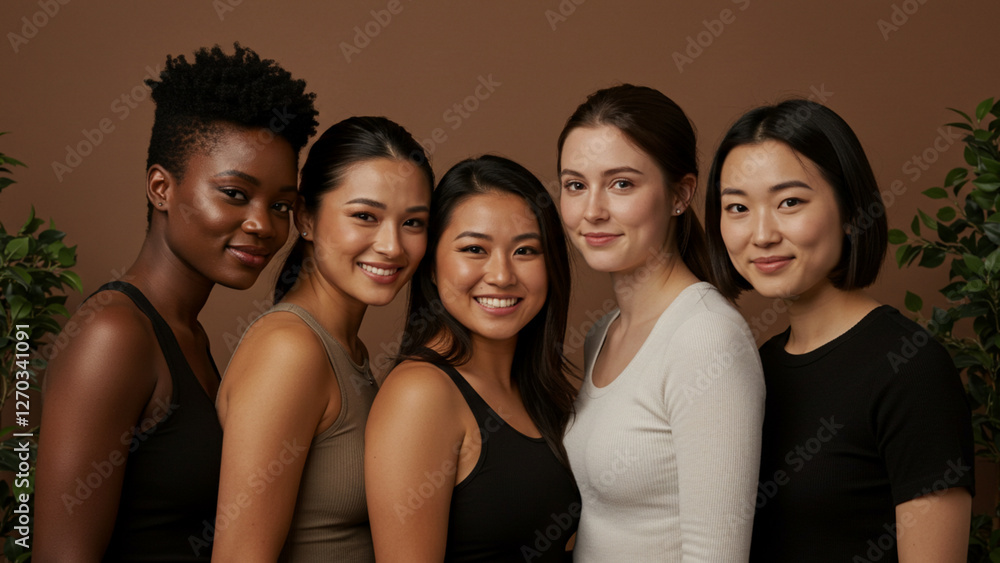 Obraz premium Closeness between different people. Group of multi ethnic women standing in the studio against brown background