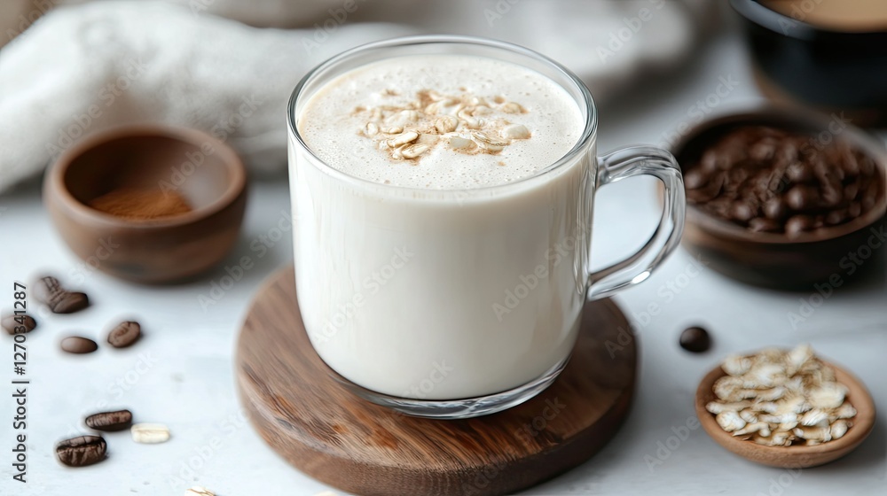 Close-up of a creamy oat milk latte in a stylish cafe setting, dairy-free coffee alternative Close-up of a creamy oat milk latte in a stylish cafe setting, dairy-free coffee alternative