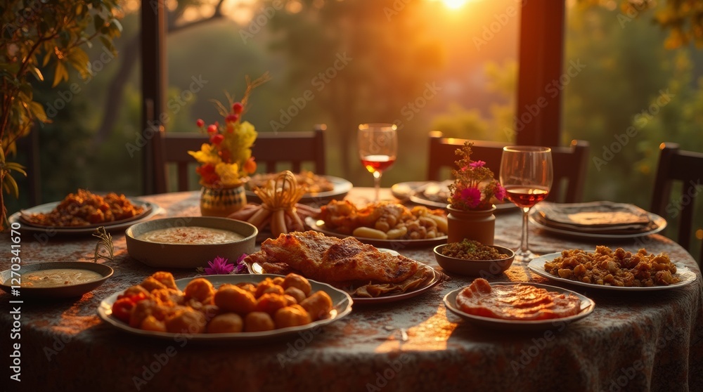 iftar table set with traditional dishes, lit by warm sunset, detailed textures iftar table set with traditional dishes, lit by warm sunset, detailed textures