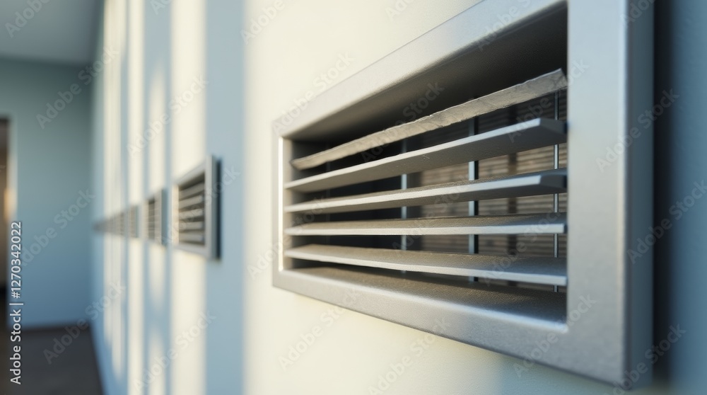 A wall-mounted metal air vent with horizontal slats in a modern office environment, soft natural light casting shadows, creating a clean industrial look. A wall-mounted metal air vent with horizontal slats in a modern office environment, soft natural light casting shadows, creating a clean industrial look.