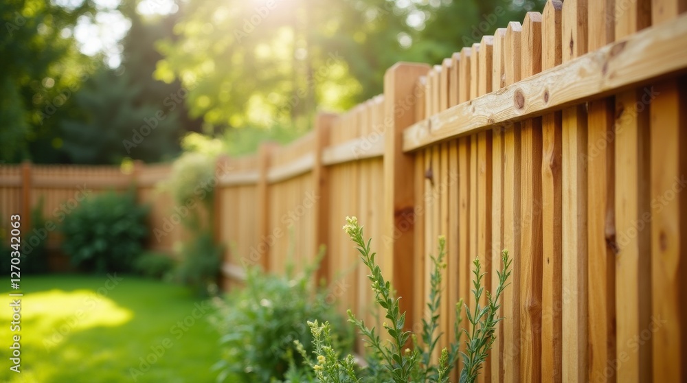 A light brown wooden garden fence, neatly maintained with green grass and plants in the background, under warm sunlight on a sunny afternoon. A light brown wooden garden fence, neatly maintained with green grass and plants in the background, under warm sunlight on a sunny afternoon.