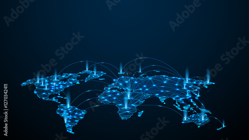 Futuristic Global Connectivity: Glowing Digital Technology and Internet Network Connections on a World Map. Deep Learning, Cloud Computing, AI Big Data, Innovative Future Tech, 3D Line.