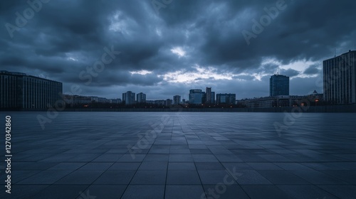 A quiet city plaza with a skyline under a cloudy sky at dusk. Featuring mystery and introspection