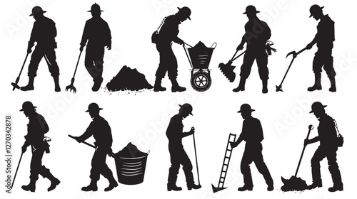 Silhouettes of workers with various tools.