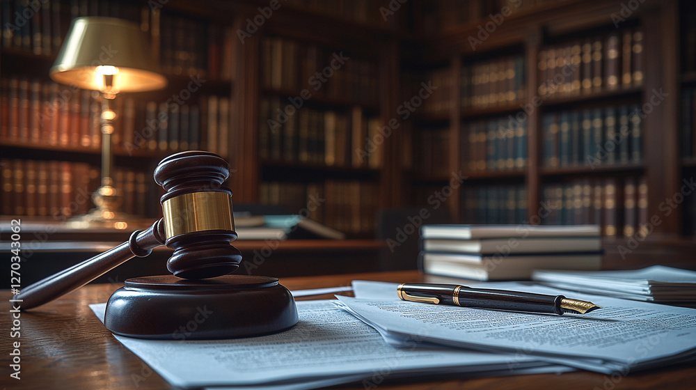 Obraz premium Wooden judge's gavel on legal documents in a classic law library.