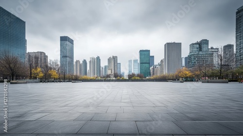 A quiet city plaza with a skyline under overcast skies. Featuring calm and introspection