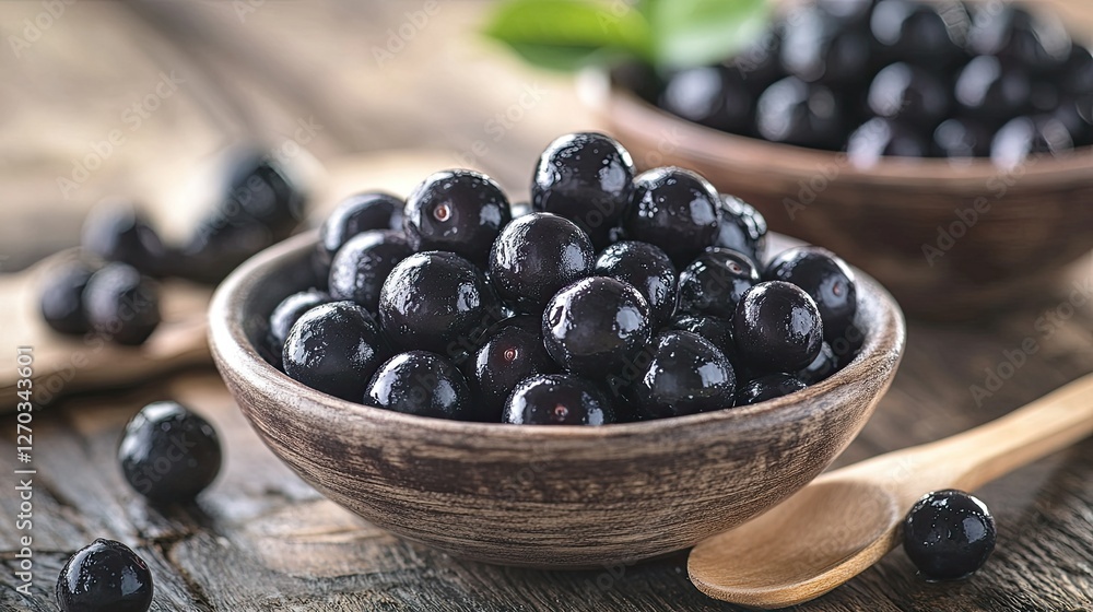 Fresh acai berries in a bowl, with a wooden spoon and a smoothie bowl in the background. Fresh acai berries in a bowl, with a wooden spoon and a smoothie bowl in the background.