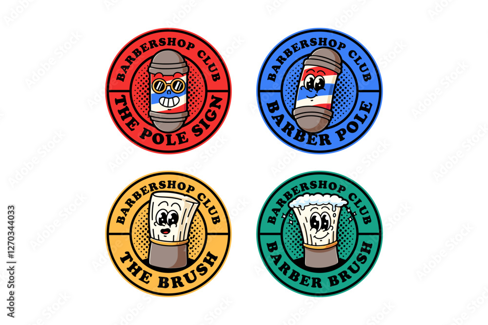 Obraz premium barber pole lamp and shaving brush colorful logo design collection for barbershop. barber brush with foam and lamp pole emblem logo set. barbershop instrument cartoon badge logo illustration bundle