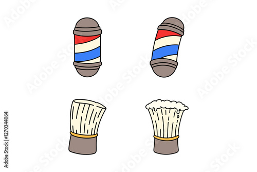 set of barbershop pole lamp and shaving brush colorful style vector.  doodle of barber brush with foam and lamp pole signage illustration collection. element design of barbershop instrument kit
