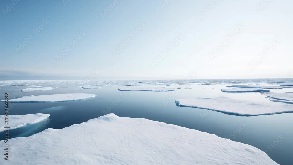 Arctic Ice Floes: A breathtaking panoramic view of serene arctic ice floes floating on a calm, deep blue ocean under a clear, pale sky. The scene evokes a sense of immense scale and pristine beauty. Arctic Ice Floes: A breathtaking panoramic view of serene arctic ice floes floating on a calm, deep blue ocean under a clear, pale sky. The scene evokes a sense of immense scale and pristine beauty.