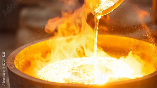 Molten Gold Pour: Molten gold is poured into a crucible, flames licking the sides, creating a dramatic image of the gold refining process.  