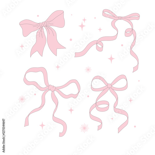 Hand drawn illustration with decorative ribbon bows. Abstract vector set with cute bow knots. Coquettish rococo clipart for surface, package design, brand logo, placement print, gift cards