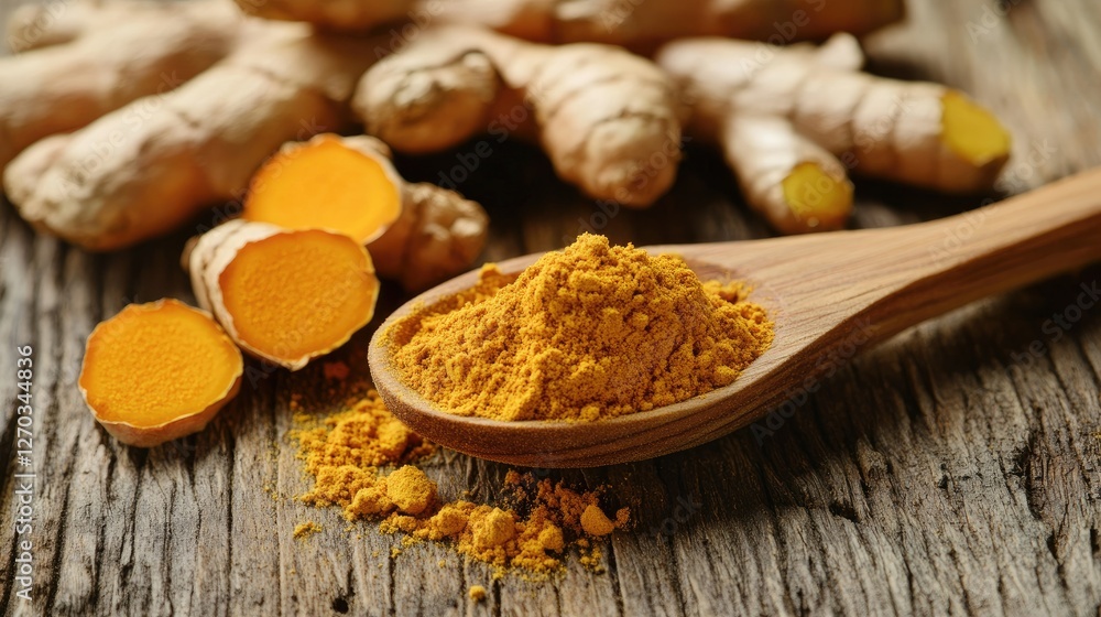 Fresh turmeric and ginger roots with powder in a wooden spoon, placed on a rustic background. Fresh turmeric and ginger roots with powder in a wooden spoon, placed on a rustic background.