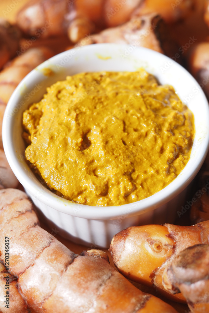 Fresh turmeric paste prepared with natural ingredients at a kitchen Fresh turmeric paste prepared with natural ingredients at a kitchen